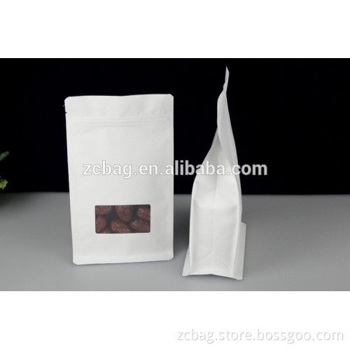 flat bottom square standup zipper white Kraft paper laminate matter window boxpouch quad eight side seal gusset packaging bags
